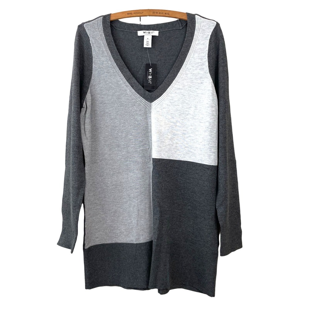 WHITE HOUSE BLACK MARKET Color Block Black Gray V-Neck Tunic Sweater Sz M NWT